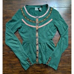HWR Green Cashmere Wool Blend Cardigan XS Cottagecore Embroidered Sweater Anthro